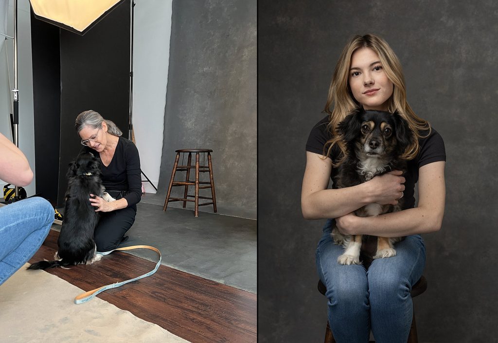 Behind the scenes during Brianna's senior photo session - Maundy with dog and portrait of Brianna with her dog