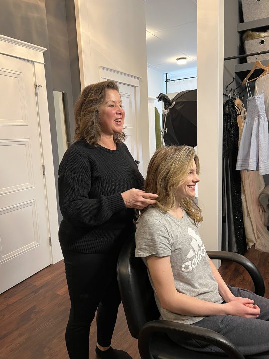 Brianna, at the start of her senior photo session, in hair and makeup styling.  Donna Cotnoir, stylist