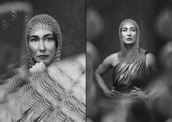 black and white portraits with prism - Emma wearing silver gown and chainmail