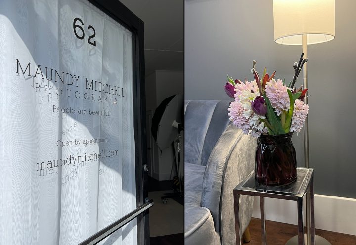 The front door of Maundy Mitchell's studio, and a photo of a hyacinth arrangement that Heidi brought for Maundy