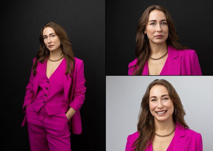 headshots and business portraits for Emma, who is wearing a hot pink three-piece suit