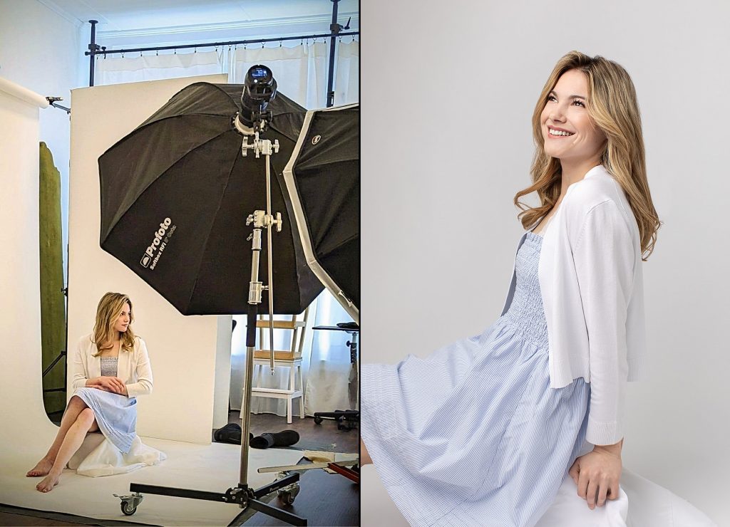 Behind the scenes during Brianna's senior photo session, and a portrait of Brianna with white background