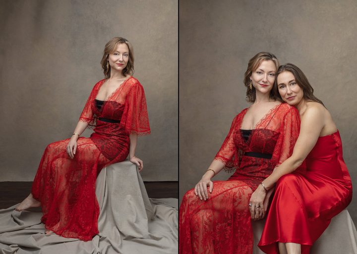 Two portraits of sisters wearing red