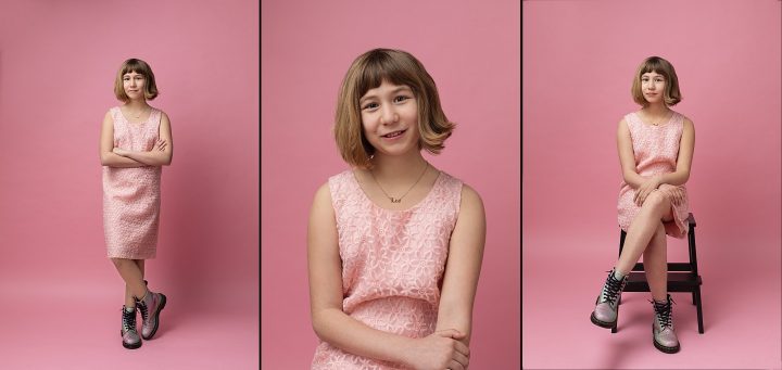 Three portraits of a tween girl with a pink background
