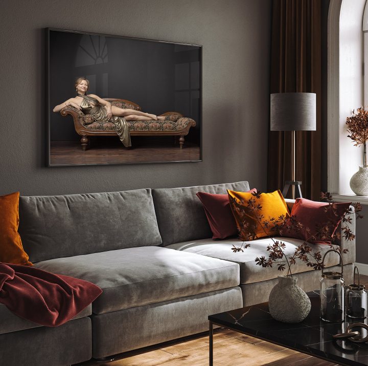 Portrait of Claire, wearing gold dress - wall portrait in living room