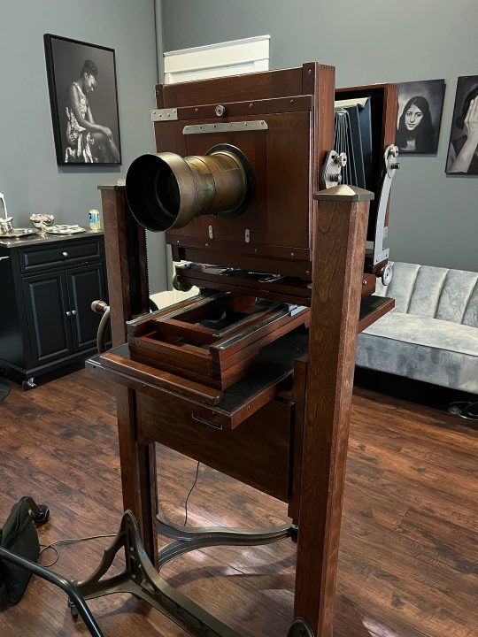 Antique Deardorff camera with 155-year-old Dallmeyer brass portrait lens