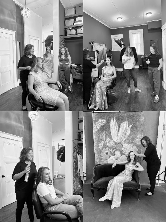 four photos of a mother and daughters enjoying hair and makeup styling by Donna Cotnoir during their Portrait Experience at Maundy Mitchell Photography
