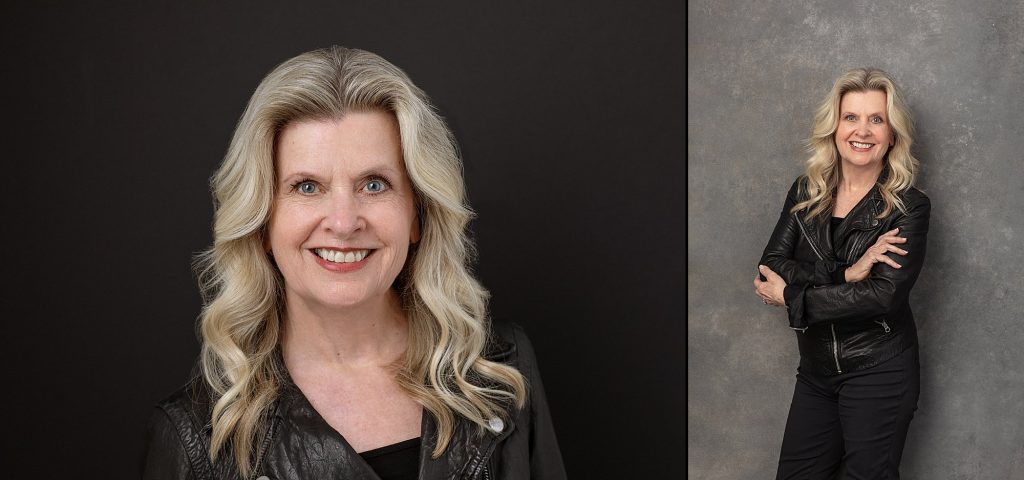 A headshot and a portrait of Christy wearing a leather jacket