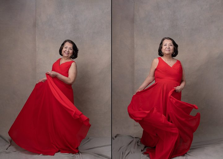 Two portraits of Maria, dancing in a red dress, for her session for Extraordinary: the Over 50 Revolution