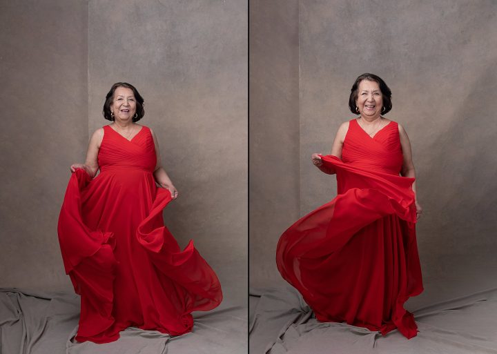 Two portraits of Maria, dancing in a red dress, for her session for Extraordinary: the Over 50 Revolution