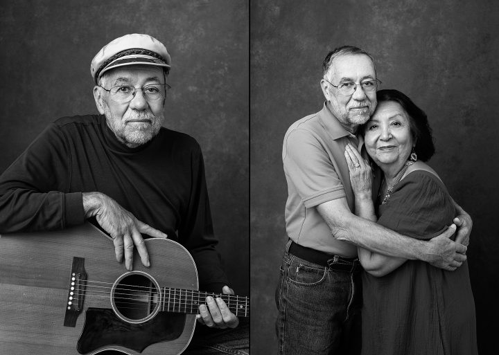 Two black and white portraits, one of Maria's husband, John, and one of the couple