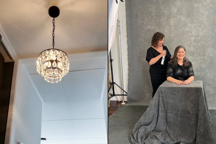 Two behind the scenes photos from Emilie's portrait session for Extraordinary: the Over 50 Revolution - hair and makeup by Donna Cotnoir