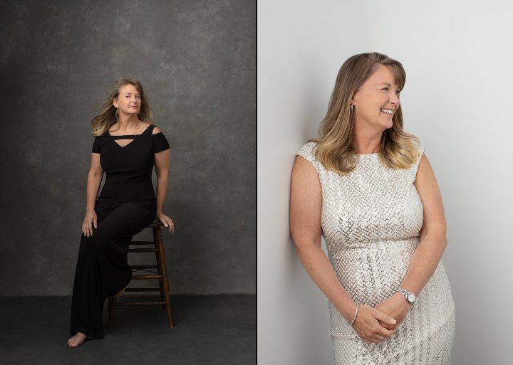 Two portraits of Colette: wearing black jumpsuit, and wearing white beaded dress