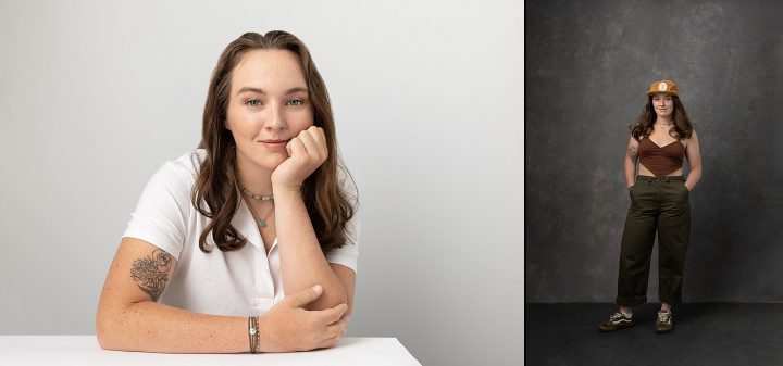 Two portraits of Sam: wearing white and wearing a hat and halter top