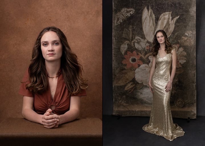Two portraits of Taylor: one in a rust-colored dress and one in a gold gown