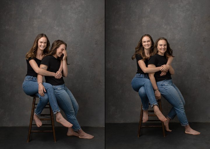 Two photos of sisters, laughing