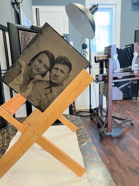 The 8x10 tintype portrait in the drying rack