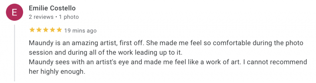 A 5-star Google Business Review from Emilie for her portrait session for Extraordinary: the Over 50 Revolution