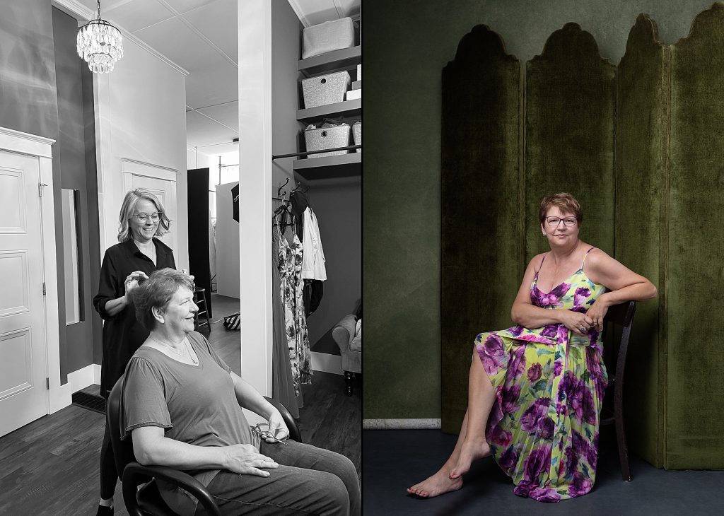 Two photos: a black and white cell pic of Karen enjoying hair and makeup by Dianne Sitar, and a finished portrait of Karen wearing a floral dress with a green background