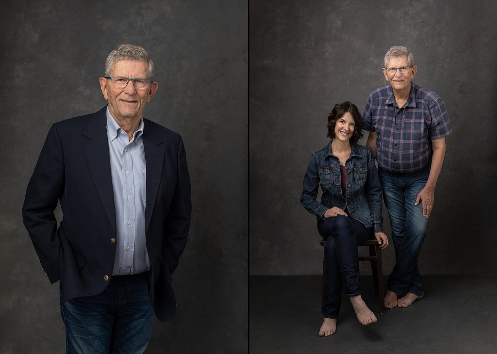 Two portraits - Volker wearing a jacket, and a casual portrait of father and daughter