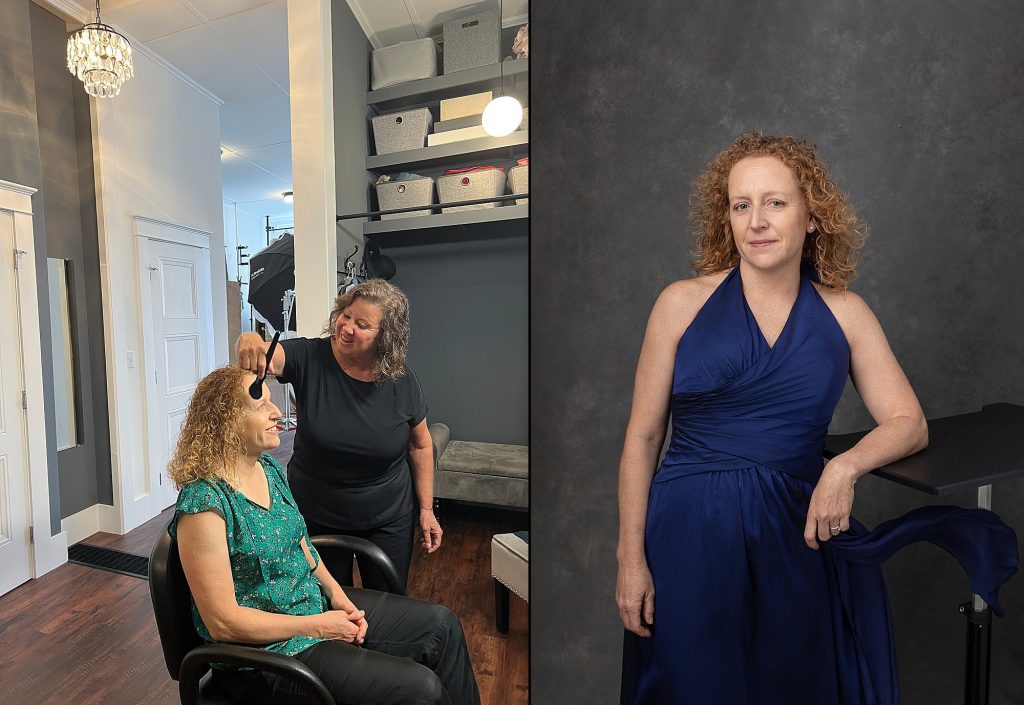 Behind the scenes photo: Jessie in hair and makeup styling before her photo session; a final portrait of Jessie wearing a blue dress for the Over 50 Revolution