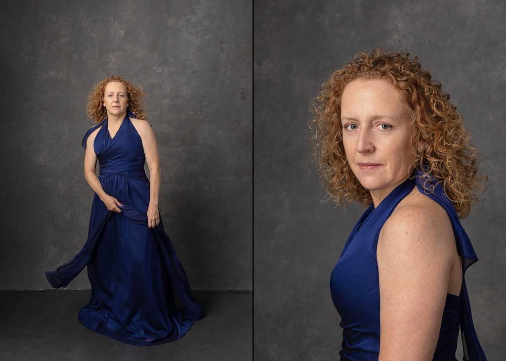 Two portraits of Jessie wearing a blue dress for the Over 50 Revolution