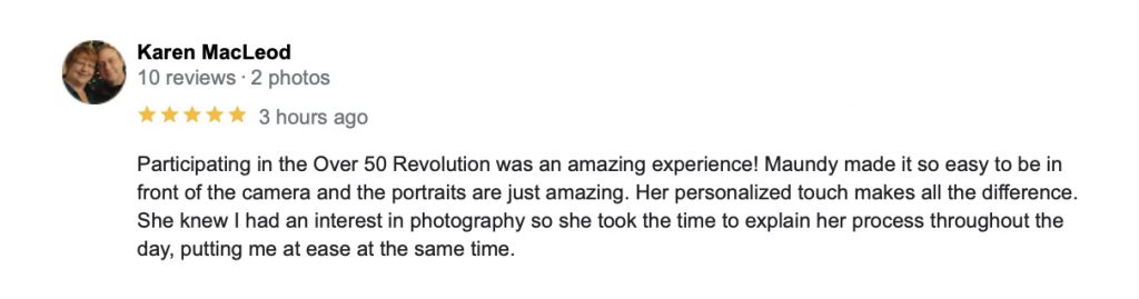 A five-star Google Business Review from Karen for her experience at Maundy Mitchell Photography and the Over 50 Revolution campaign