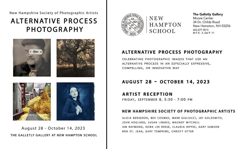 Postcard promotion for Alternative Process Photography exhibit at the Galletly Gallery at New Hampton School 2023