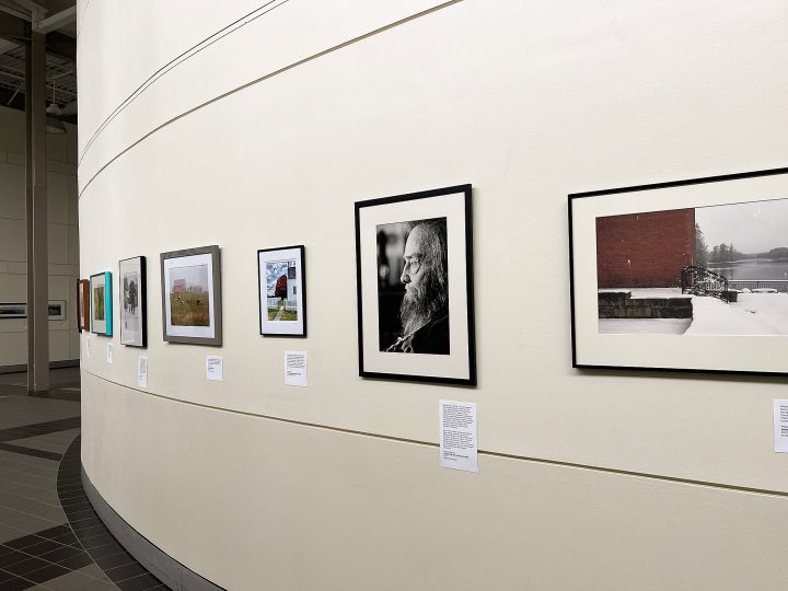 One wall of "Iconic New Hampshire" exhibit at the Silver Center for the Arts at PSU