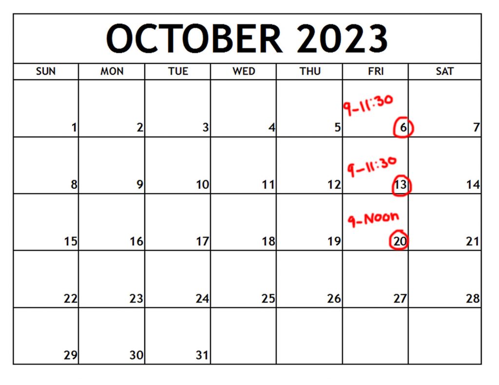 October 2023 photo class calendar