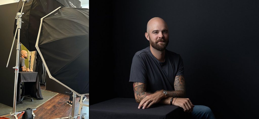 A behind-the-scenes photo and a finished portrait of Drew with a dark background and Rembrandt light