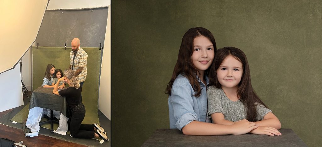 A behind-the-scenes photo and the finished portrait of two young sisters