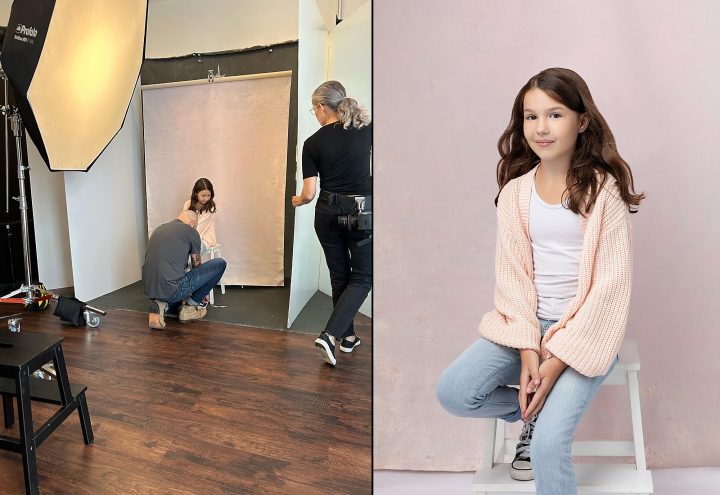 A behind-the-scenes photo and the finished portrait of a young girl in front of a light pink backdrop