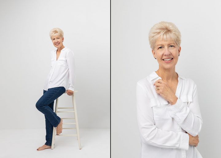 Debbie smiling with white background for Extraordinary the Over 50 Revolution at Maundy Mitchell Photography