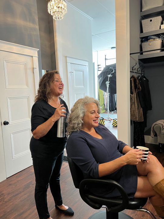 Behind the scenes at Maundy Mitchell Photography - Cheryl with Donna Cotnoir, hair and makeup artist, before her photo session for Extraordinary: the Over 50 Revolution