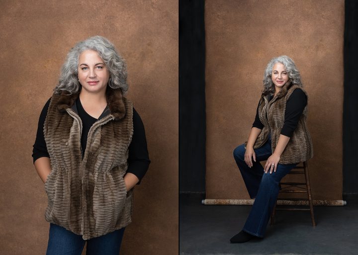 Two portraits of Cheryl wearing a faux fur vest for her photo session for Extraordinary: the Over 50 Revolution