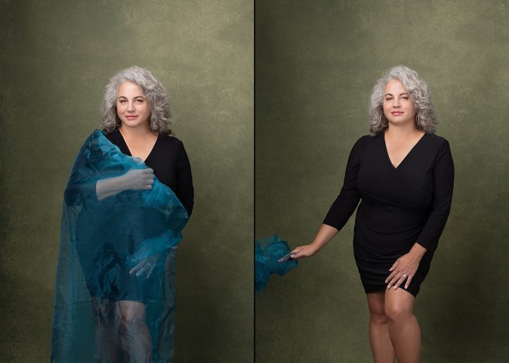 Two portraits of cheryl with sheer fabric for the Over 50 Revolution