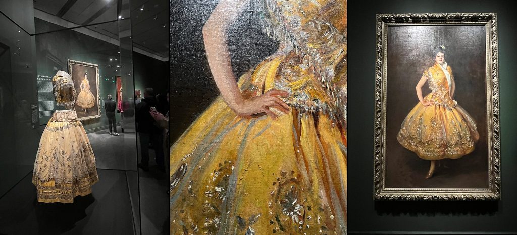 Three images from the "Fashioned by Sargent" exhibit at the MFA Boston. A yellow dress, a closeup of the painting, and a portrait painting of a dancer wearing a yellow dress