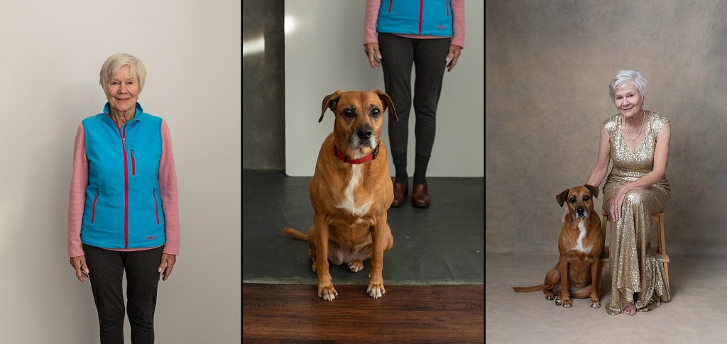 Photos of Sharon and dog before and after professional styling, lighting, and direction