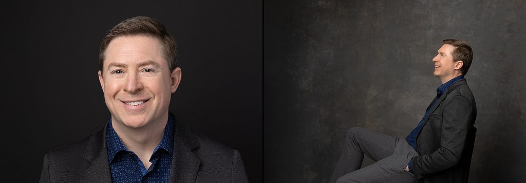 A headshot and a profile portrait of Dave, wearing a sport coat in front of a dark background