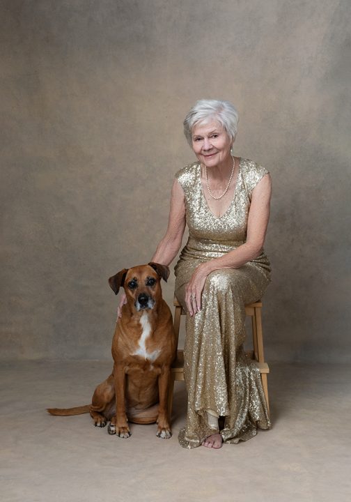 Portrait of Sharon with her dog for The Over 50 Revolution