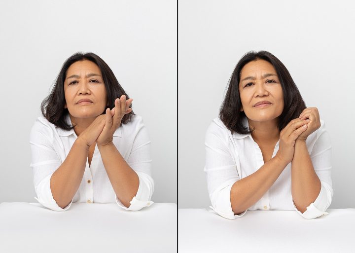 Two portraits of Lisa, seated, wearing white in front of a white background