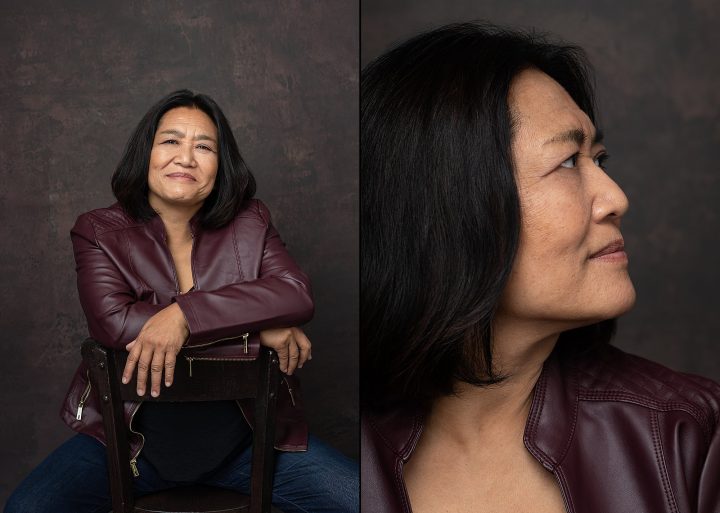 Two portraits of Lisa wearing a leather jacket 