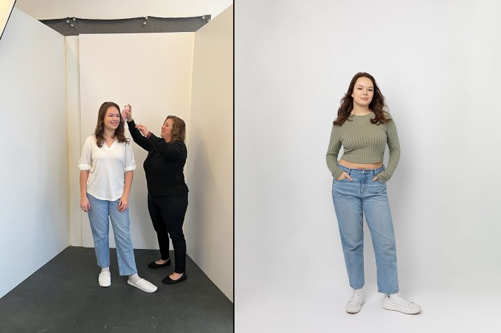 A behind-the-scenes photo of a teen actor at her photo session, with the hair and makeup artist, and the finished image