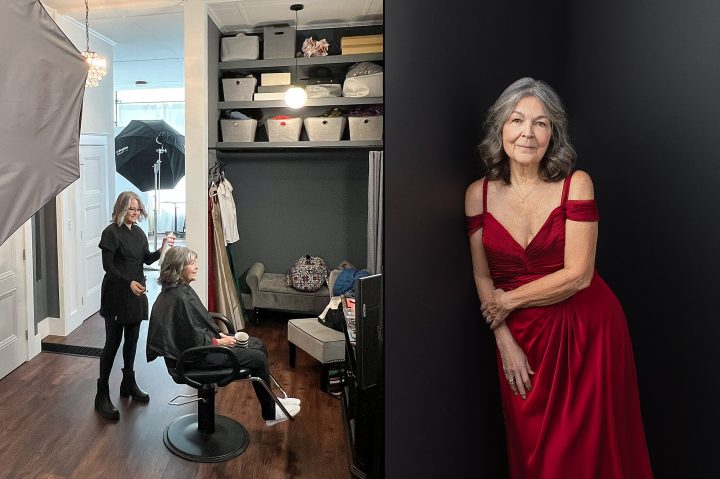 Two photos from The Over 50 Revolution - Deb. A photo of Deb enjoying professional hair and makeup styling by Dianne Sitar, and a portrait of Deb wearing a red silk dress.