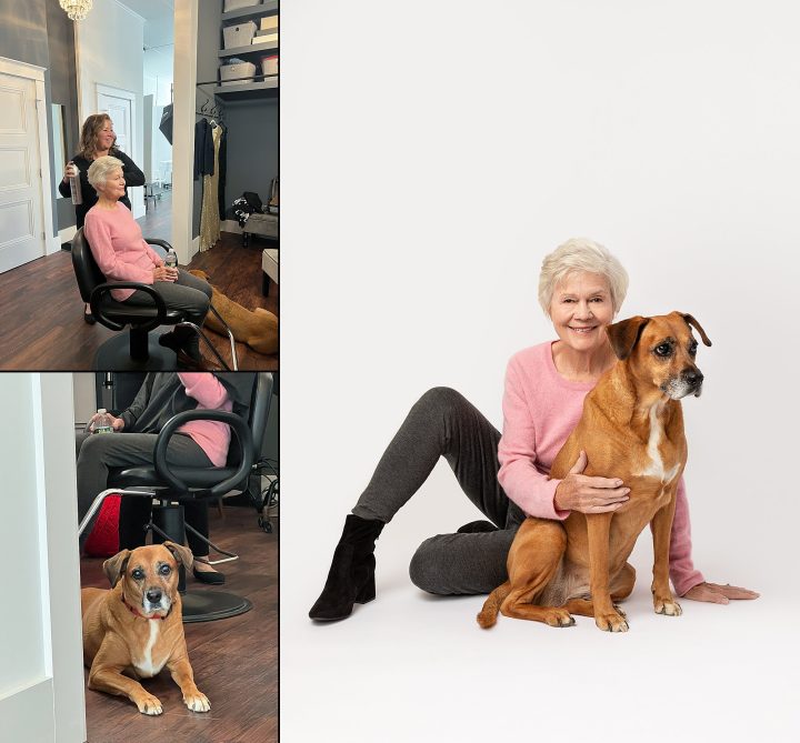 During and after styling - Sharon and dog - portrait session for Extraordinary: the Over 50 Revolution