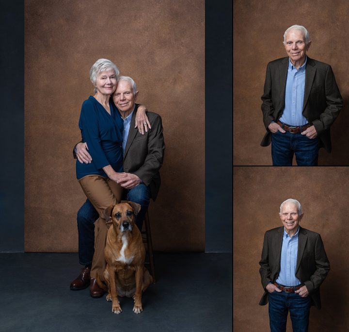 Casual studio portraits of a couple in their 80s with their dog, and individual portraits of a man in his 80s