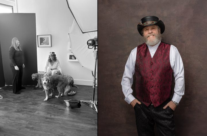 Behind the scenes with dogs and a portrait of Mark wearing a vest and steampunk hat
