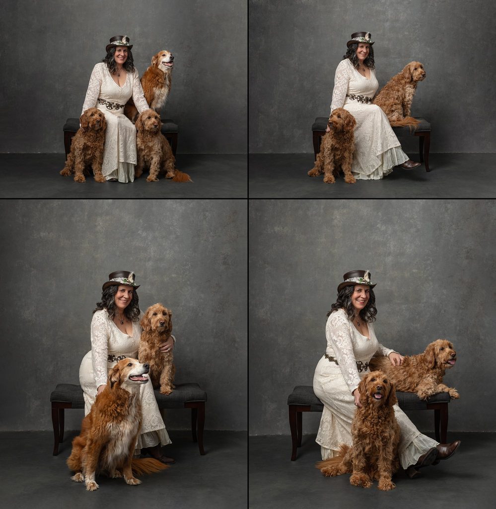 Four photos of Christine with dogs