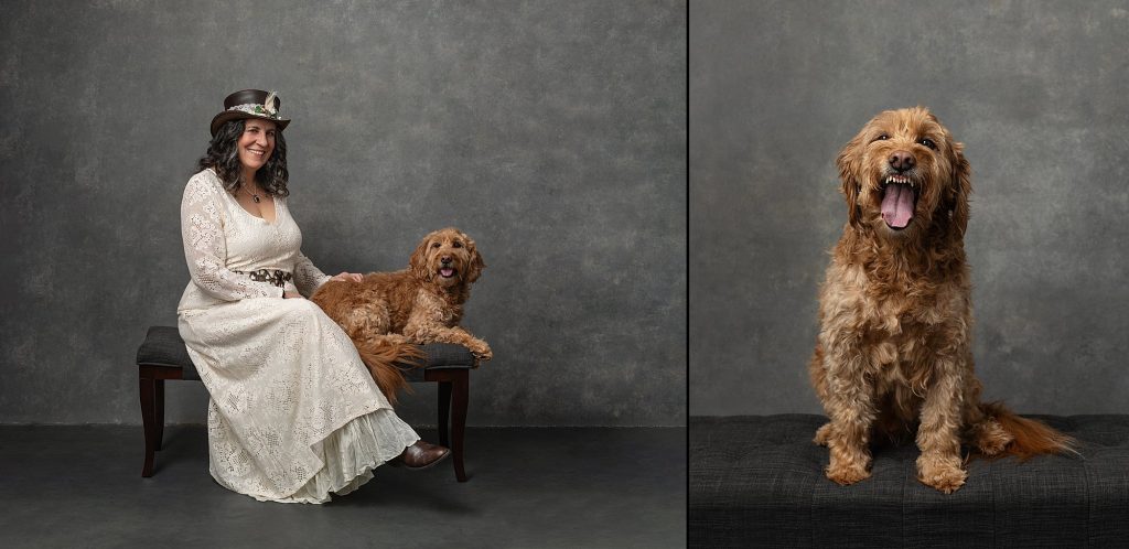 Two photos: Christine with Goldendoodle dog and a dog portrait